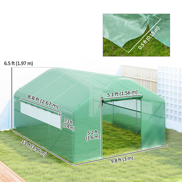 Tunnel greenhouse with galvanized steel frame, doors and windows, wind-resistant, green