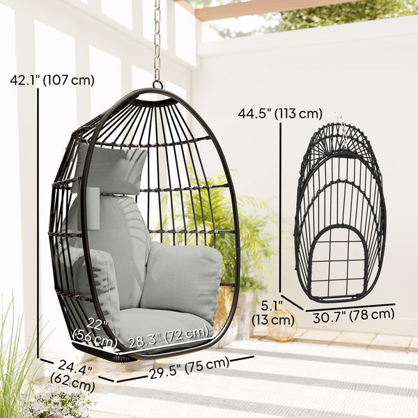 Hanging Egg Chair Without Stand, Foldable Basket Swing Chair with Head Pillow, Soft Cushion and Cup Holder, Dark Grey
