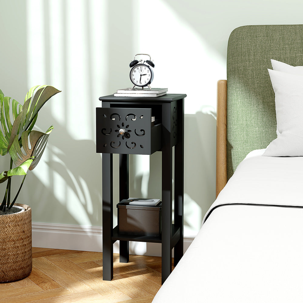 Ensemble de 2 tables d'appoints avec tiroir et étagère de rangement ouverte, noir