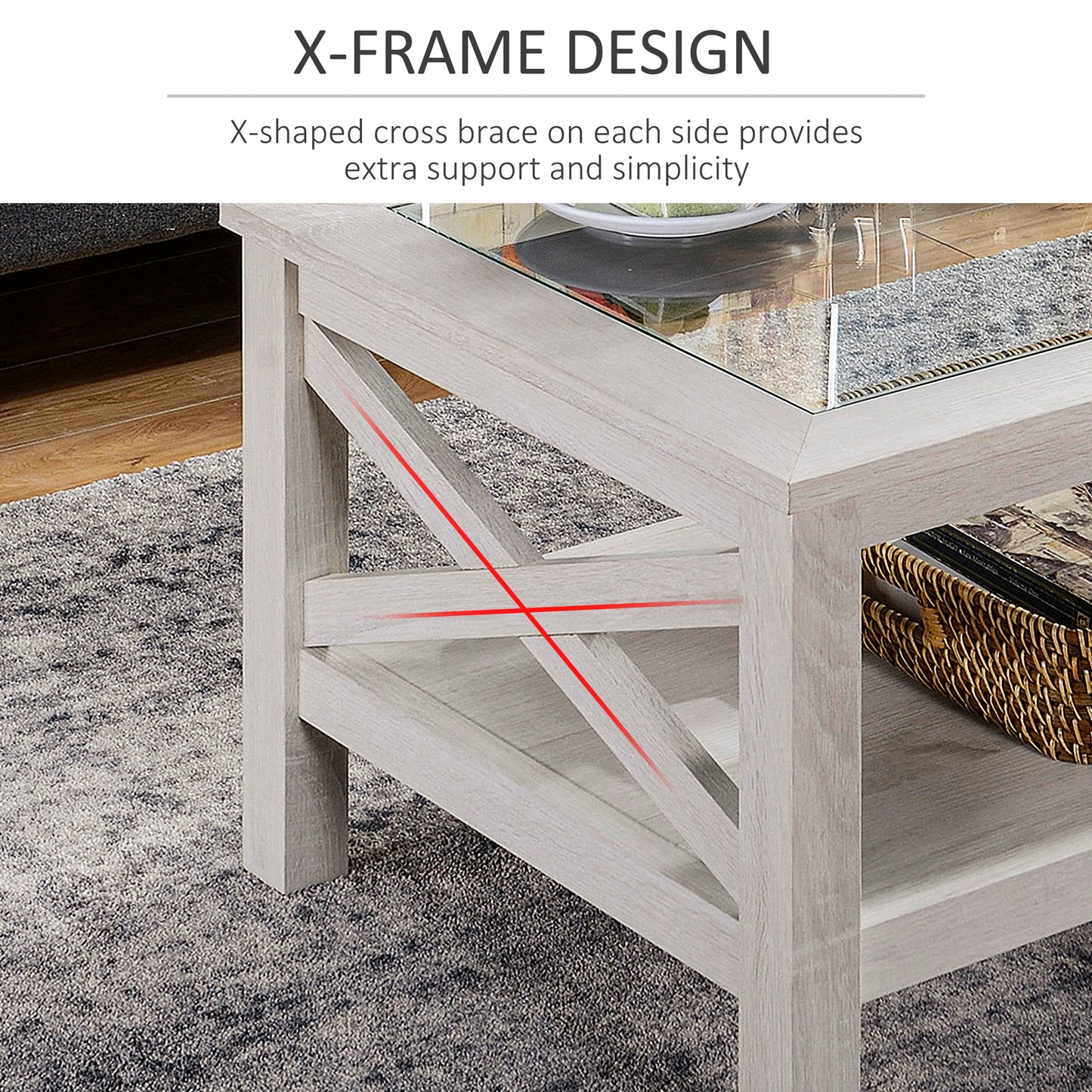 Table basse de style ferme avec plateau en verre trempé