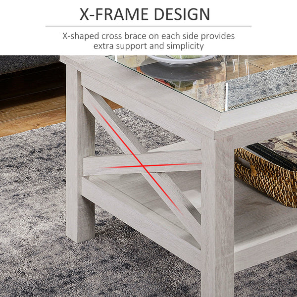 Table basse de style ferme avec plateau en verre trempé, chêne blanc