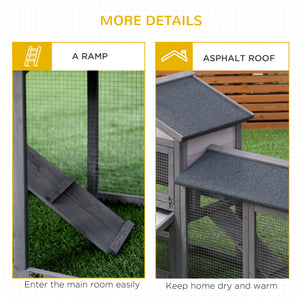 Wood Rabbit Hutch Backyard Bunny Cage Small Animal House Asphalt Roof w/ Ramp and Outdoor Run Dark Grey