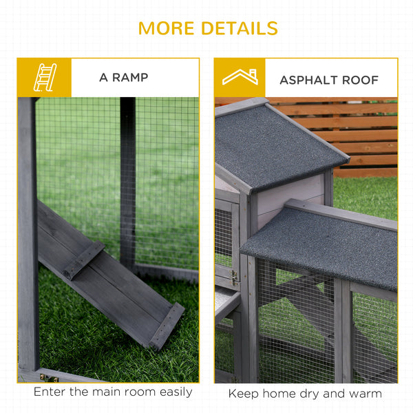 Wood Rabbit Hutch Backyard Bunny Cage Small Animal House Asphalt Roof w/ Ramp and Outdoor Run Dark Grey