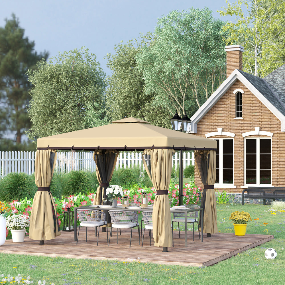 Gazebo 10 x 10 avec parois latérales en filet zippées et structure en aluminium, beige