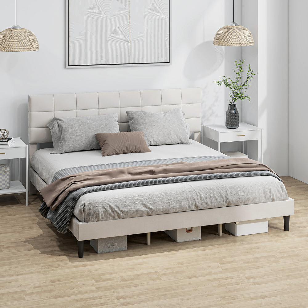 Cadre de lit king size avec tête de lit rembourrée avec lattes en bois, capacité de charge de 500 kg, couleur crème