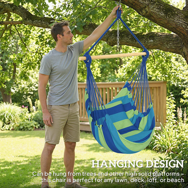 Hammock Chair Swing Hanging Macrame Chair w/ Two Soft Seat Cushions, Blue and Green