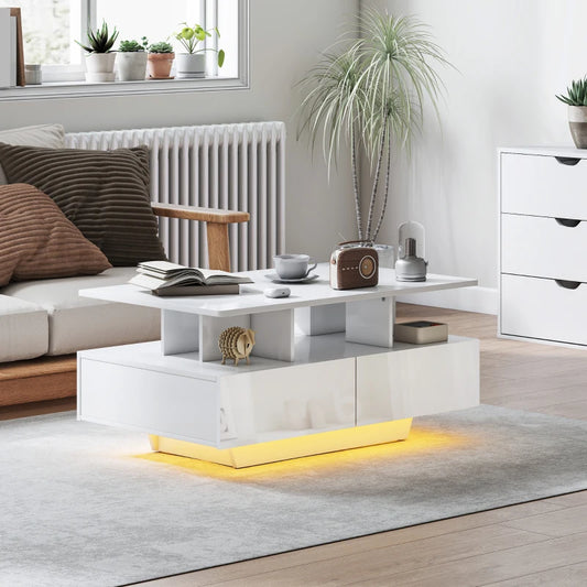 Table basse avec éclairage LED RVB avec 4 tiroirs, étagère ouverte, télécommande, blanc brillant