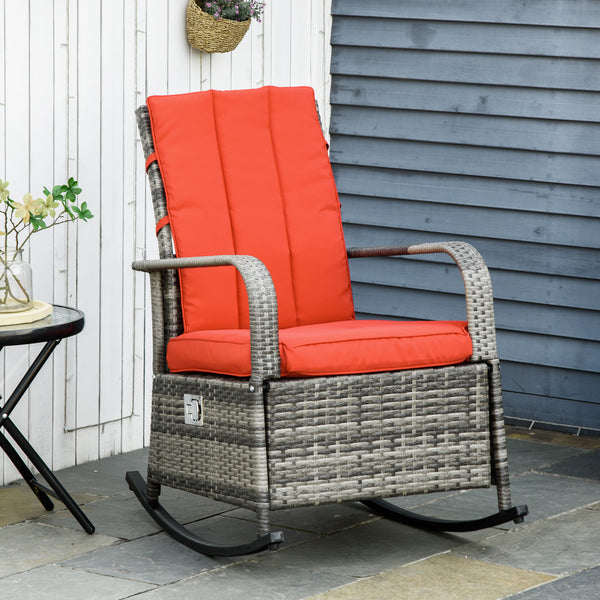 Outdoor Woven Resin Rocking Chair with Cushion, Adjustable Footrest, and Armrests, Red
