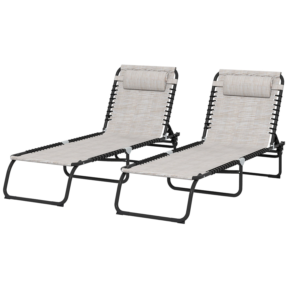 Lot de 2 chaises longues pliantes blanc crème avec dossier réglable et appui-tête intégré, parfaites pour la terrasse ou le jardin