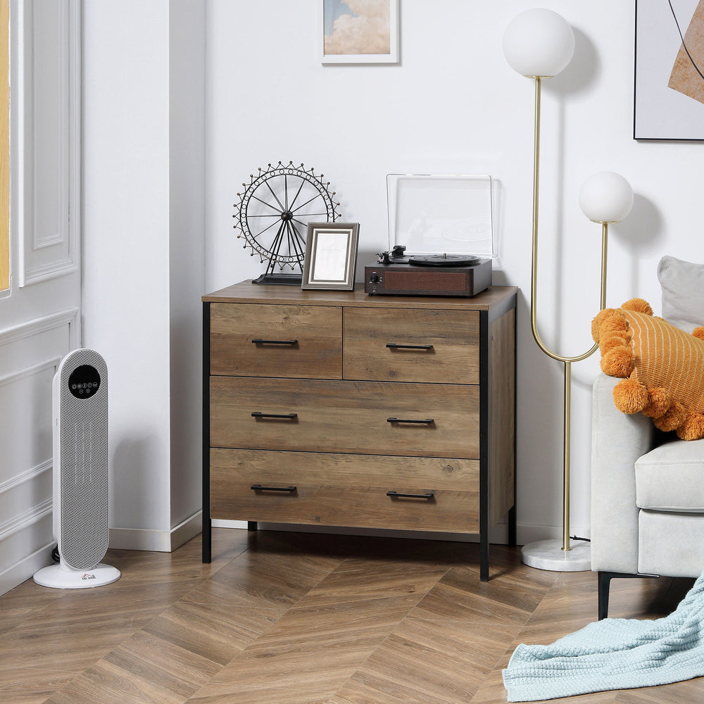 Commode pour chambre à coucher avec 4 tiroirs, structure en métal, marron