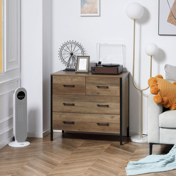 Commode pour chambre à coucher avec 4 tiroirs, structure en métal, marron