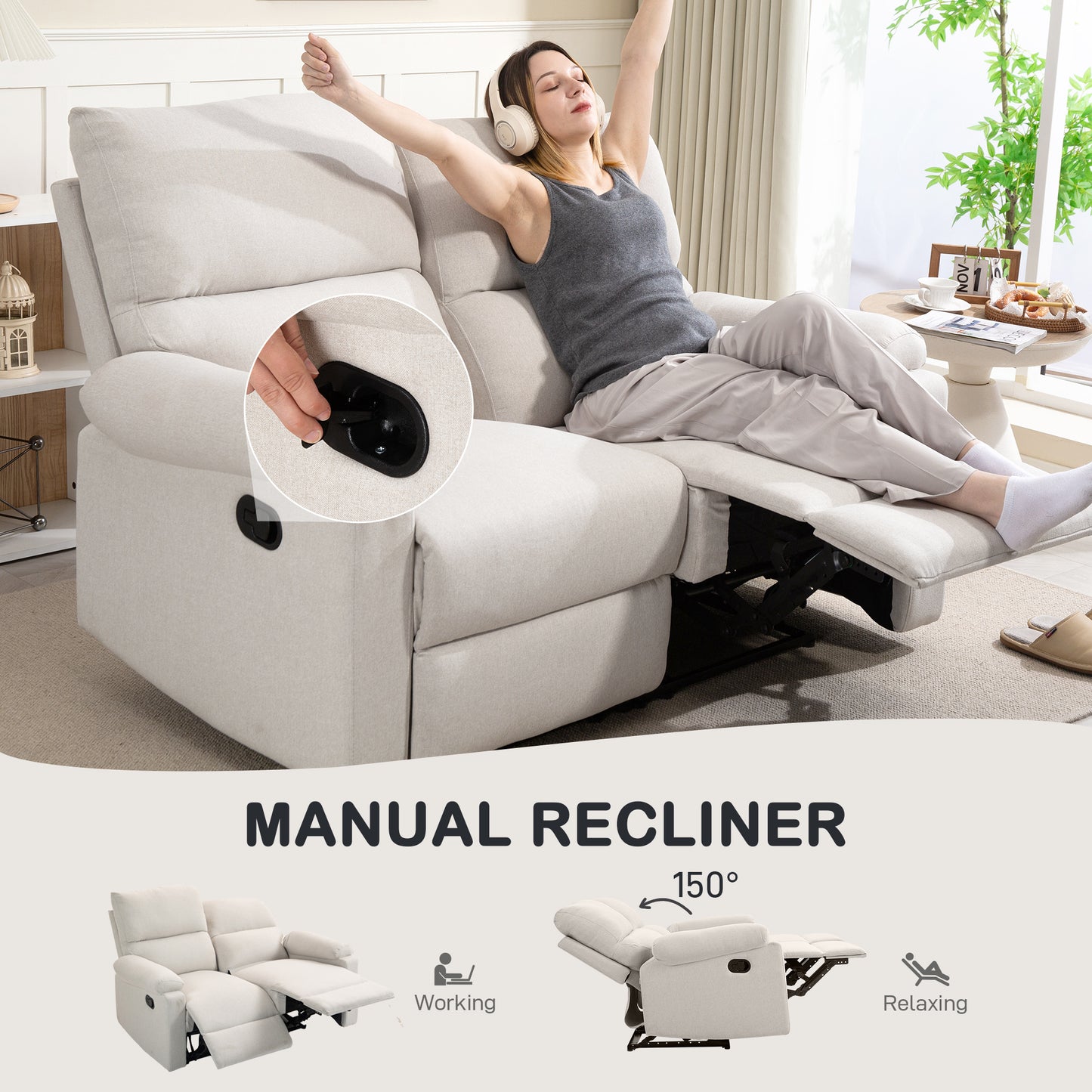 Fauteuil inclinable 2 places avec repose-pieds et dossier divisé, blanc crème