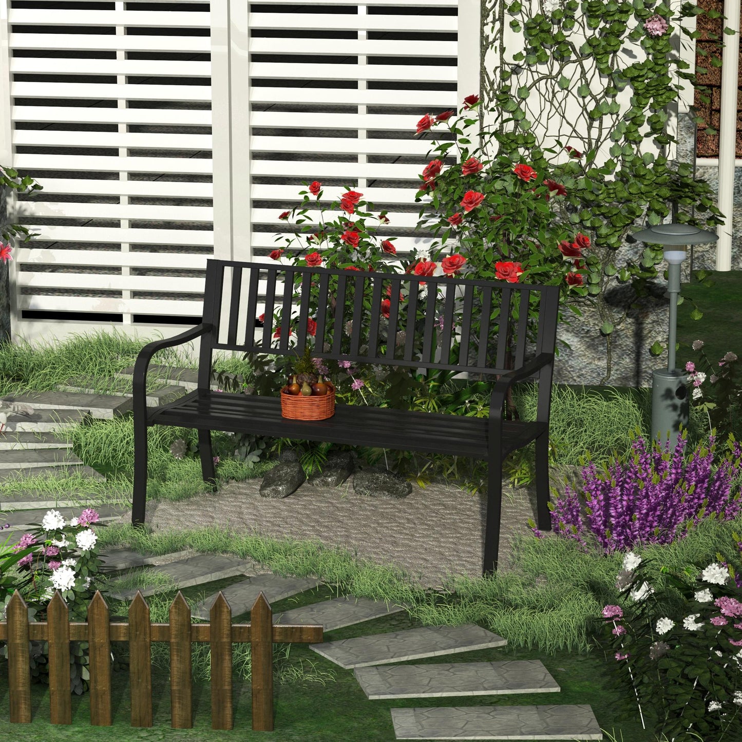 Outsunny 127cm Steel Garden Bench, Metal Park Chair, Brown