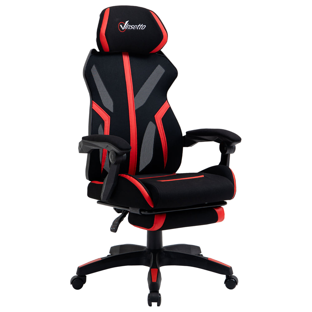 Fauteuil de gaming ergonomique avec repose-pieds, noir et rouge.