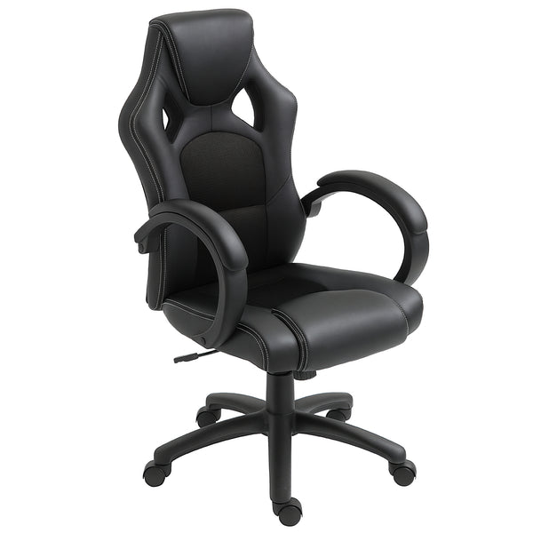 Chaise de bureau gaming Racing avec roulettes pivotantes, appui-tête rembourré et fonction inclinable, noire