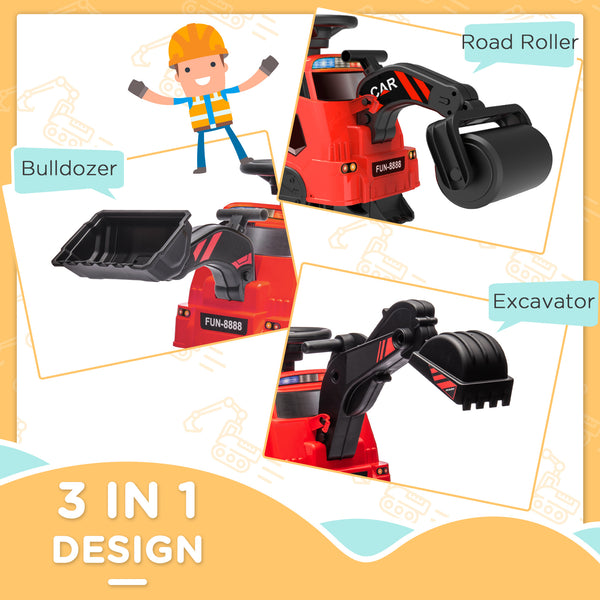 3 en 1 Excavatrice Compacteur Roulant avec Musique, Rouge