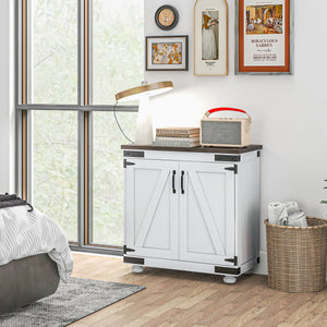 Buffet de rangement avec porte coulissante de style grange et étagères réglables, blanc et marron