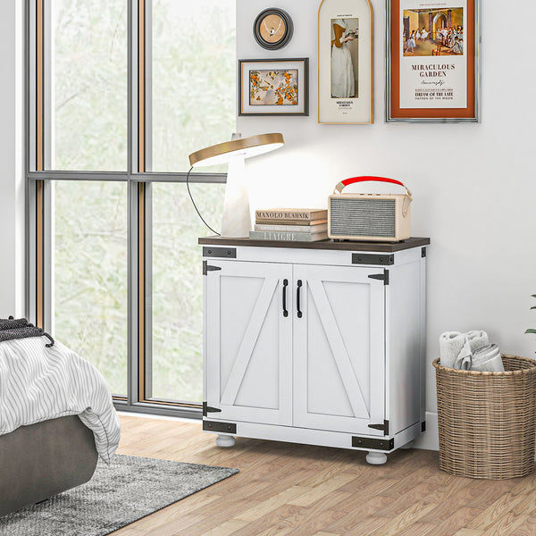 Buffet de rangement avec porte coulissante de style grange et étagères réglables, blanc et marron