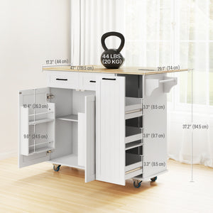 Îlot de cuisine mobile blanc avec comptoir rabattable, prises électriques et rangement