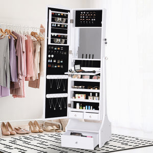 Armoire à bijoux sur pied avec éclairage LED, miroir pleine longueur, angle réglable, blanc