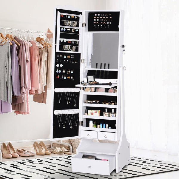 Armoire à bijoux sur pied avec éclairage LED, miroir pleine longueur, angle réglable, blanc