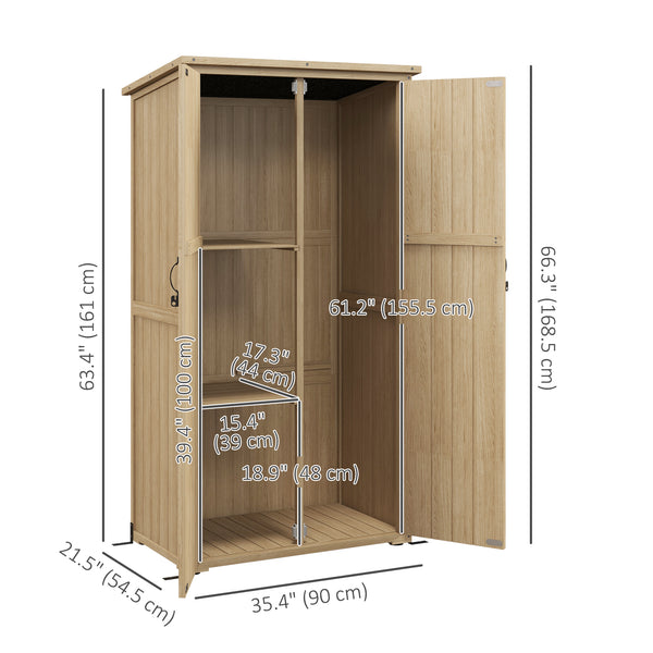 Wooden garden shed with waterproof asphalt roof and lockable doors, natural color