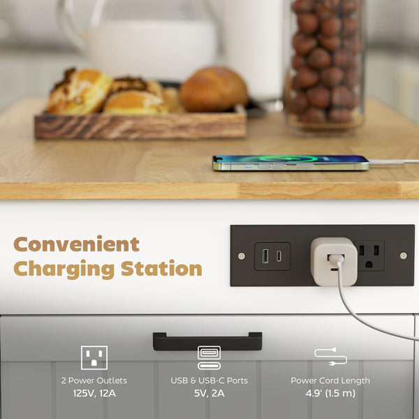 Portable kitchen island with charging station, fold-down rubberwood tabletop, waste storage, white