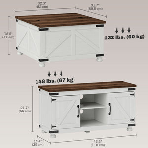 TV Stand and Coffee Table Set, TV Console Table for up to 50" TV , Center Table with Hinged Lift Top , Distressed White