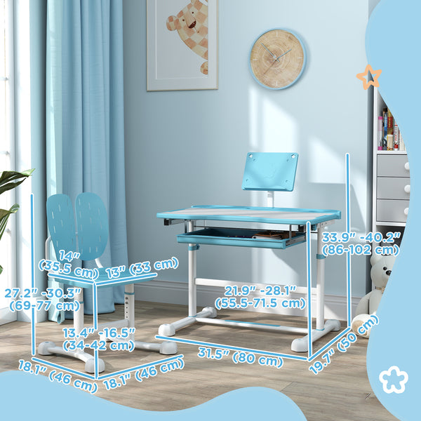 Ensemble bureau et chaise pour enfants à hauteur réglable avec plateau inclinable, bleu