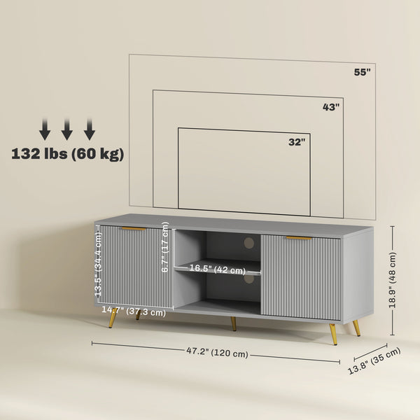 Meuble pour TV 55 pouces avec 2 étagères ouvertes et 2 placards, gris