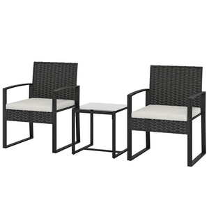 Outdoor Bistro Set, 3 Piece Wicker Patio Furniture Set with Glass Top Table and Cushions for Porch, Balcony, Cream White