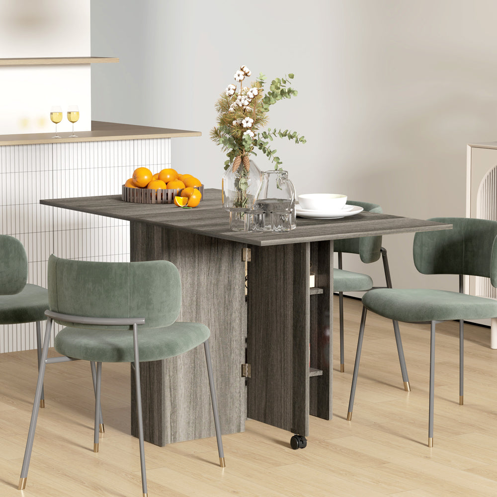 Table pliante pliable avec étagères à 2 niveaux et roulettes, aspect bois gris