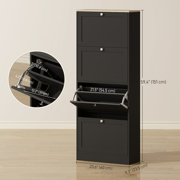 Meuble à chaussures moderne avec 4 tiroirs à charnières et étagères réglables, pour 18 à 24 paires de chaussures, noir