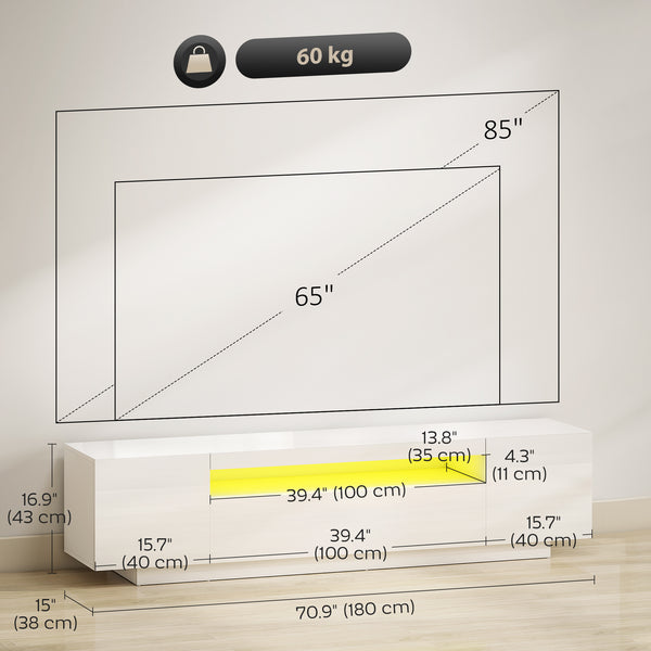 Meuble TV avec éclairage LED RVB pour téléviseur de 65 à 85 pouces, blanc brillant