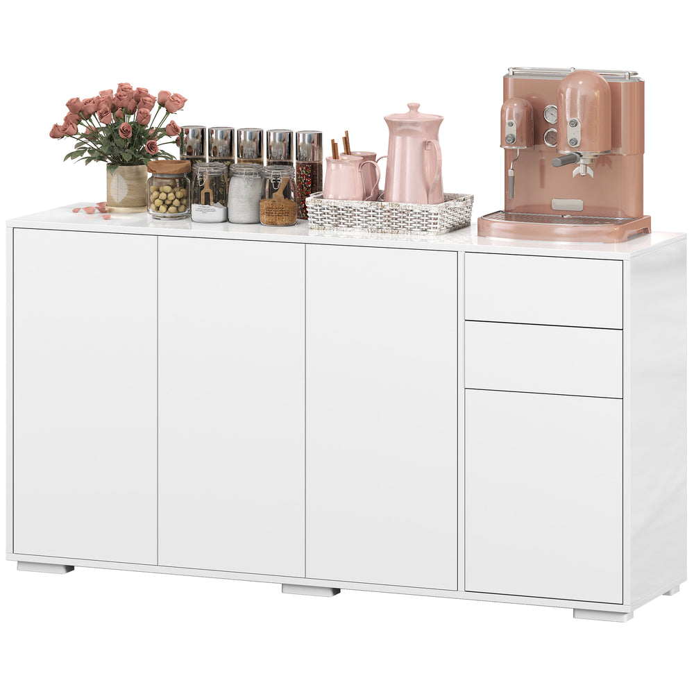 Buffet de cuisine moderne avec ouverture par simple pression, 2 tiroirs et étagères, blanc.