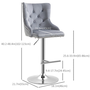 Lot de 2 tabourets de bar réglables modernes, en velours, hauteur comptoir, dossier capitonné, repose-pieds, gris