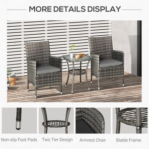 3 Pieces Wicker Patio Furniture Set, Rattan Bistro Set with Glass Top Coffee Table and Cushions, Outdoor Conversation Set for Garden, Porch, Balcony, Mixed Grey