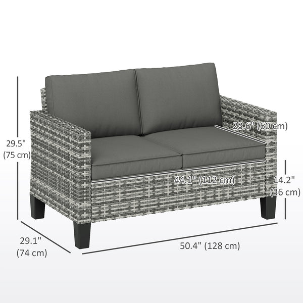 Two-seater outdoor rattan sofa with cushions and armrests, dark grey