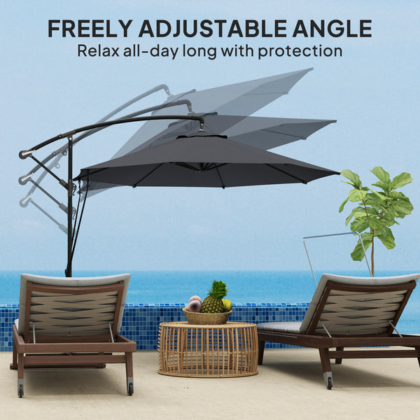 Parasol déporté de 9,5 pieds avec sangle de protection contre le vent, gris