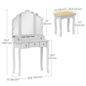 Coiffeuse avec tabouret, 10 lumières LED, 5 tiroirs et 3 compartiments, blanc