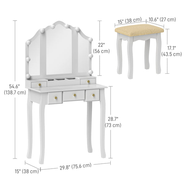 Coiffeuse avec tabouret, 10 lumières LED, 5 tiroirs et 3 compartiments, blanc