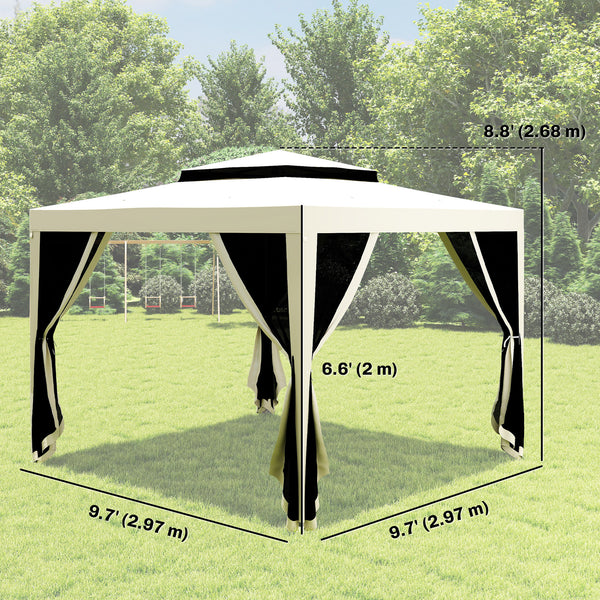10' x 10' Outdoor Canopy Tent Party Tent with Mesh Netting and Double Tier Roof for Backyard, Garden, Patio, Cream White