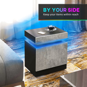 Table de chevet avec éclairage LED et 2 tiroirs pour chambre et salon, gris ciment