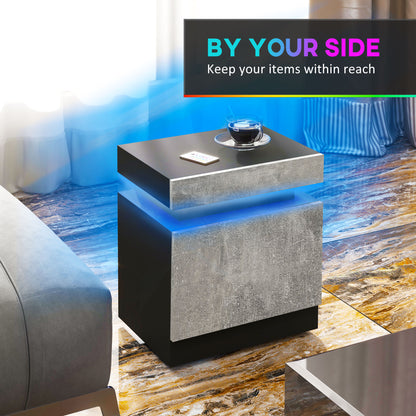 Table de chevet avec éclairage LED et 2 tiroirs pour chambre et salon, gris ciment