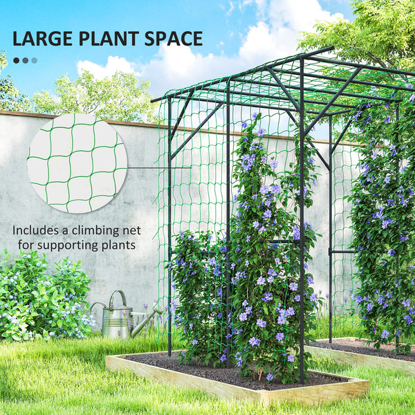 Metal garden arch with netting for climbing plants