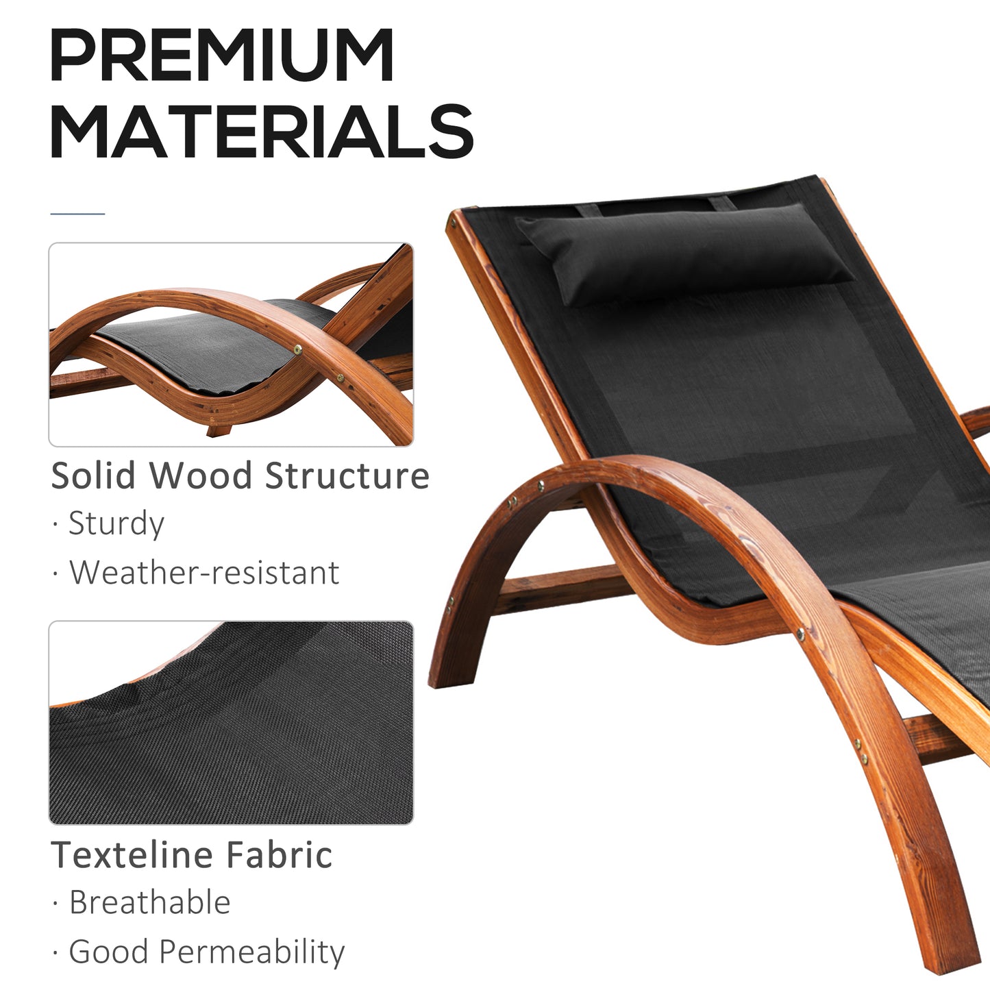 Outsunny Outdoor Wooden Reclining Patio Camping Lounge Chair with Headrest, Teak and Black