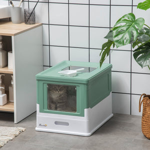 Enclosed litter box with scoop and tray, green
