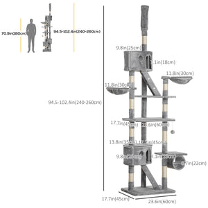 Arbre à chat géant de 240 à 250 cm, hauteur plafond, griffoir, centre d'activités, gris clair