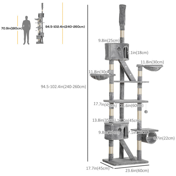 Arbre à chat géant de 240 à 250 cm, hauteur plafond, griffoir, centre d'activités, gris clair