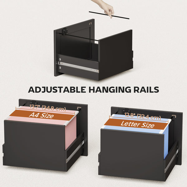 4-drawer vertical filing cabinet with lock, equipped with adjustable hanging rails for A4 and Letter sizes, black.